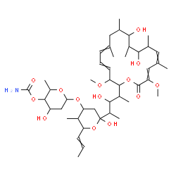 ChemSpider 2D Image | 3-O-(4-O-Carbamoyl-2,6-dideoxyhexopyranosyl)-2,4-dideoxy-1-C-[4-(10,12-dihydroxy-3,17-dimethoxy-7,9,11,13,15-pentamethyl-18-oxooxacyclooctadeca-4,6,14,16-tetraen-2-yl)-3-hydroxy-2-pentanyl]-4-methyl-5
-(1-propen-1-yl)pentopyranose | C45H73NO14