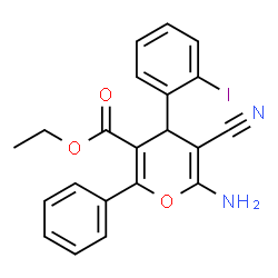ChemSpider 2D Image | Ethyl 6-amino-5-cyano-4-(2-iodophenyl)-2-phenyl-4H-pyran-3-carboxylate | C21H17IN2O3