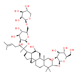 ChemSpider 2D Image | (3beta,9beta,12beta,17alpha)-12-Hydroxy-3-(beta-D-mannopyranosyloxy)dammar-24-en-20-yl 6-O-beta-D-lyxopyranosyl-beta-D-mannopyranoside | C47H80O17