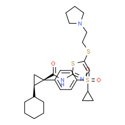 ChemSpider 2D Image | (1R,2R)-2-Cyclohexyl-1-[4-(cyclopropylsulfonyl)phenyl]-N-(5-{[2-(1-pyrrolidinyl)ethyl]sulfanyl}-1,3-thiazol-2-yl)cyclopropanecarboxamide | C28H37N3O3S3