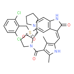 ChemSpider 2D Image | (3E)-5-[(2,6-Dichlorobenzyl)sulfonyl]-3-[(3,5-dimethyl-4-{[(2R)-2-(1-pyrrolidinylmethyl)-1-pyrrolidinyl]carbonyl}-1H-pyrrol-2-yl)methylene]-1,3-dihydro-2H-indol-2-one | C32H34Cl2N4O4S