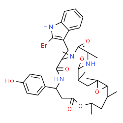 ChemSpider 2D Image | 9-[(2-Bromo-1H-indol-3-yl)methyl]-12-(4-hydroxyphenyl)-1,3,6,8,16,18-hexamethyl-15,20-dioxa-5,8,11-triazabicyclo[17.1.0]icosane-4,7,10,14-tetrone | C36H45BrN4O7