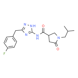 ChemSpider 2D Image | N-[3-(4-Fluorobenzyl)-1H-1,2,4-triazol-5-yl]-1-isobutyl-5-oxo-3-pyrrolidinecarboxamide | C18H22FN5O2