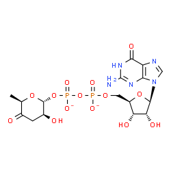 ChemSpider 2D Image | [[(2R,3S,4R,5R)-5-(2-amino-6-oxo-1H-purin-9-yl)-3,4-dihydroxy-tetrahydrofuran-2-yl]methoxy-oxido-phosphoryl] [(2R,3S,6R)-3-hydroxy-6-methyl-5-oxo-tetrahydropyran-2-yl] phosphate | C16H21N5O14P2