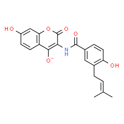 ChemSpider 2D Image | 7-Hydroxy-3-{[4-hydroxy-3-(3-methyl-2-buten-1-yl)benzoyl]amino}-2-oxo-2H-chromen-4-olate | C21H18NO6