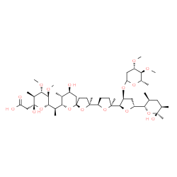 ChemSpider 2D Image | [(2R,3S,4S,5R,6S)-6-{(1R)-1-[(2S,5R,7S,8R,9S)-2-{(2S,2'R,3'S,5R,5'R)-3'-{[(4S,5S,6S)-4,5-Dimethoxy-6-methyltetrahydro-2H-pyran-2-yl]oxy}-5'-[(2S,3S,5R,6S)-6-hydroxy-3,5,6-trimethyltetrahydro-2H-pyran-
2-yl]-2-methyloctahydro-2,2'-bifuran-5-yl}-9-hydroxy-2,8-dimethyl-1,6-dioxaspiro[4.5]dec-7-yl]ethyl}-2-hydroxy-4,5-dimethoxy-3-methyltetrahydro-2H-pyran-2-yl]acetic acid | C47H80O17