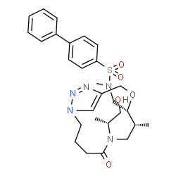 ChemSpider 2D Image | N-{[(8R,9R)-6-[(2R)-1-Hydroxy-2-propanyl]-8-methyl-5-oxo-10-oxa-1,6,13,14-tetraazabicyclo[10.2.1]pentadeca-12(15),13-dien-9-yl]methyl}-N-methyl-4-biphenylsulfonamide | C28H37N5O5S