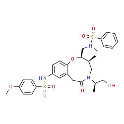 ChemSpider 2D Image | N-{[(2R,3S)-5-[(2R)-1-Hydroxy-2-propanyl]-9-{[(4-methoxyphenyl)sulfonyl]amino}-3-methyl-6-oxo-2,3,4,5,6,7-hexahydro-1,5-benzoxazonin-2-yl]methyl}-N-methylbenzenesulfonamide | C30H37N3O8S2
