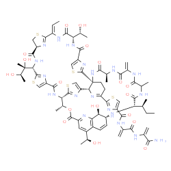 ChemSpider 2D Image | N-{3-[(3-Amino-3-oxo-1-propen-2-yl)amino]-3-oxo-1-propen-2-yl}-2-[(1S,8S,11Z,15S,18S,25S,26R,35R,37S,46S,53S,59S)-37-[(2S)-2-butanyl]-18-[(2R,3R)-2,3-dihydroxy-2-butanyl]-11-ethylidene-59-hydroxy-8-[(
1R)-1-hydroxyethyl]-31-[(1S)-1-hydroxyethyl]-26,40,46-trimethyl-43-methylene-6,9,16,23,28,38,41,44,47-nonaoxo-27-oxa-3,13,20,56-tetrathia-7,10,17,24,36,39,42,45,48,52,58,61,62,63,64-pentadecaazanonacy
clo[23.23.9.3~29,35~.1~2,5~.1~12,15~.1~19,22 | C72H85N19O18S5