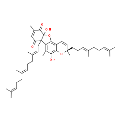 ChemSpider 2D Image | (3R)-3-[(3E)-4,8-Dimethyl-3,7-nonadien-1-yl]-5,10a-dihydroxy-3,6,9-trimethyl-6b-[(2E,6E)-3,7,11-trimethyl-2,6,10-dodecatrien-1-yl]-6b,10a-dihydro-3H-[1]benzofuro[2,3-f]chromene-7,10-dione | C44H58O6