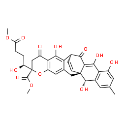 ChemSpider 2D Image | Methyl (1R,7R,13S,23S)-11,16,18,23-tetrahydroxy-7-[(1S)-1-hydroxy-4-methoxy-4-oxobutyl]-20-methyl-9,14-dioxo-6-oxahexacyclo[11.10.2.0~1,15~.0~3,12~.0~5,10~.0~17,22~]pentacosa-3(12),4,10,15,17,19,21,24
-octaene-7-carboxylate | C32H30O12