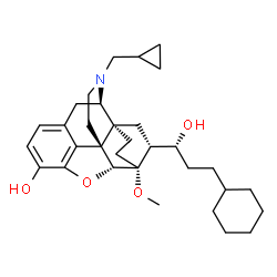 ChemSpider 2D Image | (5alpha,6beta,14beta,18R)-18-[(1R)-3-Cyclohexyl-1-hydroxypropyl]-17-(cyclopropylmethyl)-6-methoxy-18,19-dihydro-4,5-epoxy-6,14-ethenomorphinan-3-ol | C32H45NO4