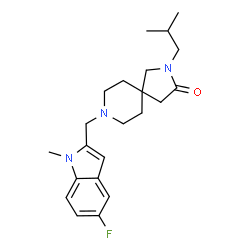 ChemSpider 2D Image | 8-[(5-Fluoro-1-methyl-1H-indol-2-yl)methyl]-2-isobutyl-2,8-diazaspiro[4.5]decan-3-one | C22H30FN3O