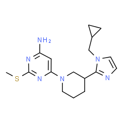 ChemSpider 2D Image | 6-{3-[1-(Cyclopropylmethyl)-1H-imidazol-2-yl]-1-piperidinyl}-2-(methylsulfanyl)-4-pyrimidinamine | C17H24N6S