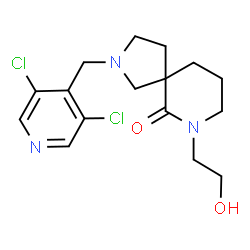 ChemSpider 2D Image | 2-[(3,5-Dichloro-4-pyridinyl)methyl]-7-(2-hydroxyethyl)-2,7-diazaspiro[4.5]decan-6-one | C16H21Cl2N3O2