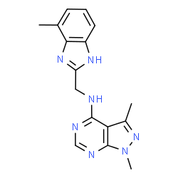 ChemSpider 2D Image | 1,3-Dimethyl-N-[(4-methyl-1H-benzimidazol-2-yl)methyl]-1H-pyrazolo[3,4-d]pyrimidin-4-amine | C16H17N7