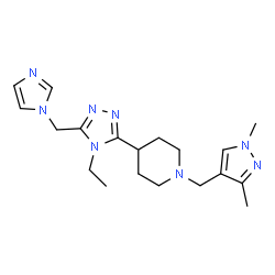 ChemSpider 2D Image | 1-[(1,3-Dimethyl-1H-pyrazol-4-yl)methyl]-4-[4-ethyl-5-(1H-imidazol-1-ylmethyl)-4H-1,2,4-triazol-3-yl]piperidine | C19H28N8