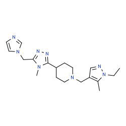 ChemSpider 2D Image | 1-[(1-Ethyl-5-methyl-1H-pyrazol-4-yl)methyl]-4-[5-(1H-imidazol-1-ylmethyl)-4-methyl-4H-1,2,4-triazol-3-yl]piperidine | C19H28N8