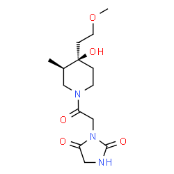 ChemSpider 2D Image | 3-{2-[(3R,4R)-4-Hydroxy-4-(2-methoxyethyl)-3-methyl-1-piperidinyl]-2-oxoethyl}-2,4-imidazolidinedione | C14H23N3O5