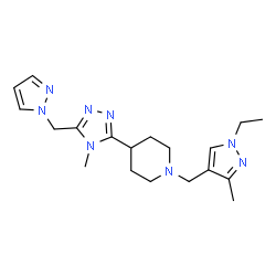 ChemSpider 2D Image | 1-[(1-Ethyl-3-methyl-1H-pyrazol-4-yl)methyl]-4-[4-methyl-5-(1H-pyrazol-1-ylmethyl)-4H-1,2,4-triazol-3-yl]piperidine | C19H28N8