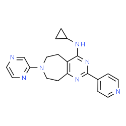 ChemSpider 2D Image | N-Cyclopropyl-7-(2-pyrazinyl)-2-(4-pyridinyl)-6,7,8,9-tetrahydro-5H-pyrimido[4,5-d]azepin-4-amine | C20H21N7