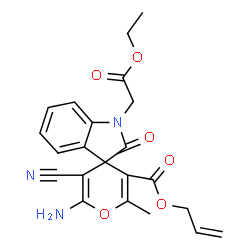 ChemSpider 2D Image | Allyl 6'-amino-5'-cyano-1-(2-ethoxy-2-oxoethyl)-2'-methyl-2-oxo-1,2-dihydrospiro[indole-3,4'-pyran]-3'-carboxylate | C22H21N3O6