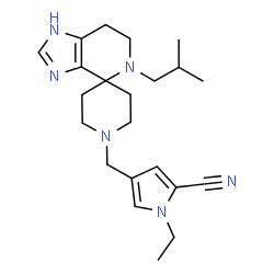 ChemSpider 2D Image | 1-Ethyl-4-[(5-isobutyl-1,5,6,7-tetrahydro-1'H-spiro[imidazo[4,5-c]pyridine-4,4'-piperidin]-1'-yl)methyl]-1H-pyrrole-2-carbonitrile | C22H32N6