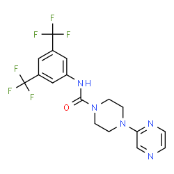 ChemSpider 2D Image | N-[3,5-Bis(trifluoromethyl)phenyl]-4-(2-pyrazinyl)-1-piperazinecarboxamide | C17H15F6N5O