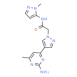 ChemSpider 2D Image | 2-[4-(2-Amino-6-methyl-4-pyrimidinyl)-1H-pyrazol-1-yl]-N-(1-methyl-1H-pyrazol-5-yl)acetamide | C14H16N8O