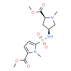 ChemSpider 2D Image | Methyl (4S)-4-({[5-(methoxycarbonyl)-1-methyl-1H-pyrrol-2-yl]sulfonyl}amino)-1-methyl-L-prolinate | C14H21N3O6S