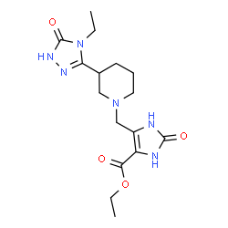 ChemSpider 2D Image | Ethyl 5-{[3-(4-ethyl-5-oxo-4,5-dihydro-1H-1,2,4-triazol-3-yl)-1-piperidinyl]methyl}-2-oxo-2,3-dihydro-1H-imidazole-4-carboxylate | C16H24N6O4