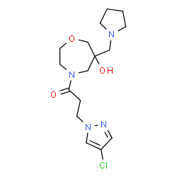 ChemSpider 2D Image | 3-(4-Chloro-1H-pyrazol-1-yl)-1-[6-hydroxy-6-(1-pyrrolidinylmethyl)-1,4-oxazepan-4-yl]-1-propanone | C16H25ClN4O3