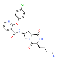ChemSpider 2D Image | N-[(3S,7S,8aS)-3-(4-Aminobutyl)-1,4-dioxooctahydropyrrolo[1,2-a]pyrazin-7-yl]-2-(4-chlorophenoxy)nicotinamide | C23H26ClN5O4