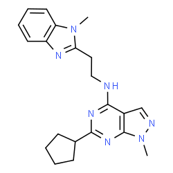 ChemSpider 2D Image | 6-Cyclopentyl-1-methyl-N-[2-(1-methyl-1H-benzimidazol-2-yl)ethyl]-1H-pyrazolo[3,4-d]pyrimidin-4-amine | C21H25N7