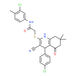 ChemSpider 2D Image | N-(3-Chloro-4-methylphenyl)-2-{[4-(4-chlorophenyl)-3-cyano-7,7-dimethyl-5-oxo-1,4,5,6,7,8-hexahydro-2-quinolinyl]sulfanyl}acetamide | C27H25Cl2N3O2S