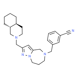 ChemSpider 2D Image | 3-({2-[(4aS,8aR)-Octahydro-2(1H)-isoquinolinylmethyl]-7,8-dihydro-4H-pyrazolo[1,5-a][1,4]diazepin-5(6H)-yl}methyl)benzonitrile | C25H33N5