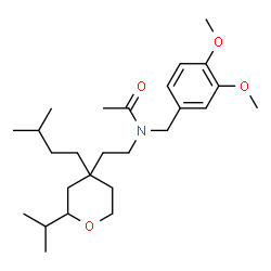ChemSpider 2D Image | N-(3,4-Dimethoxybenzyl)-N-{2-[2-isopropyl-4-(3-methylbutyl)tetrahydro-2H-pyran-4-yl]ethyl}acetamide | C26H43NO4