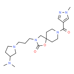 ChemSpider 2D Image | 3-{3-[3-(Dimethylamino)-1-pyrrolidinyl]propyl}-8-[(1-methyl-1H-pyrazol-4-yl)carbonyl]-1-oxa-3,8-diazaspiro[4.5]decan-2-one | C21H34N6O3
