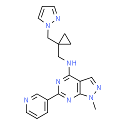 ChemSpider 2D Image | 1-Methyl-N-{[1-(1H-pyrazol-1-ylmethyl)cyclopropyl]methyl}-6-(3-pyridinyl)-1H-pyrazolo[3,4-d]pyrimidin-4-amine | C19H20N8