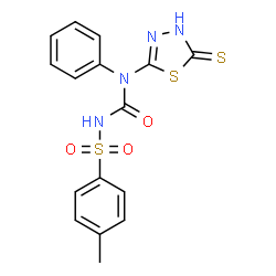 ChemSpider 2D Image | 4-Methyl-N-[phenyl(5-thioxo-4,5-dihydro-1,3,4-thiadiazol-2-yl)carbamoyl]benzenesulfonamide | C16H14N4O3S3