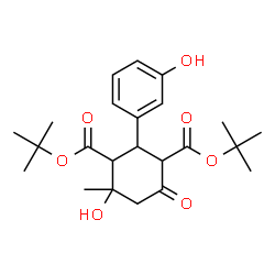 ChemSpider 2D Image | Bis(2-methyl-2-propanyl) 4-hydroxy-2-(3-hydroxyphenyl)-4-methyl-6-oxo-1,3-cyclohexanedicarboxylate | C23H32O7