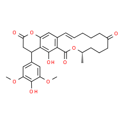 ChemSpider 2D Image | (8S,16E)-5-Hydroxy-4-(4-hydroxy-3,5-dimethoxyphenyl)-8-methyl-4,8,9,10,11,13,14,15-octahydro-2H,6H-oxacyclotetradecino[3,4-g]chromene-2,6,12(3H)-trione | C29H32O9