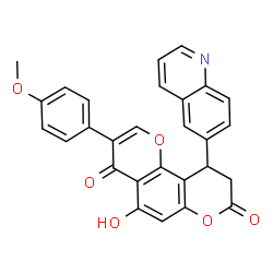 ChemSpider 2D Image | 5-Hydroxy-3-(4-methoxyphenyl)-10-(6-quinolinyl)-9,10-dihydro-4H,8H-pyrano[2,3-f]chromene-4,8-dione | C28H19NO6