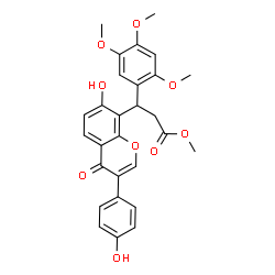 ChemSpider 2D Image | Methyl 3-[7-hydroxy-3-(4-hydroxyphenyl)-4-oxo-4H-chromen-8-yl]-3-(2,4,5-trimethoxyphenyl)propanoate | C28H26O9