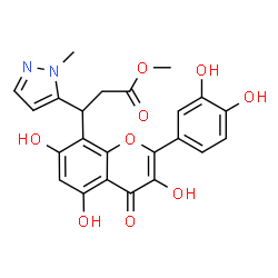 ChemSpider 2D Image | Methyl 3-[2-(3,4-dihydroxyphenyl)-3,5,7-trihydroxy-4-oxo-4H-chromen-8-yl]-3-(1-methyl-1H-pyrazol-5-yl)propanoate | C23H20N2O9