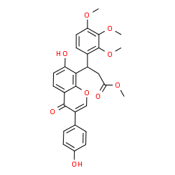 ChemSpider 2D Image | Methyl 3-[7-hydroxy-3-(4-hydroxyphenyl)-4-oxo-4H-chromen-8-yl]-3-(2,3,4-trimethoxyphenyl)propanoate | C28H26O9