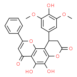ChemSpider 2D Image | 5,6-Dihydroxy-10-(4-hydroxy-3,5-dimethoxyphenyl)-2-phenyl-9,10-dihydro-4H,8H-pyrano[2,3-f]chromene-4,8-dione | C26H20O9