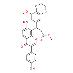 ChemSpider 2D Image | Methyl 3-[7-hydroxy-3-(4-hydroxyphenyl)-4-oxo-4H-chromen-8-yl]-3-(8-methoxy-2,3-dihydro-1,4-benzodioxin-6-yl)propanoate | C28H24O9