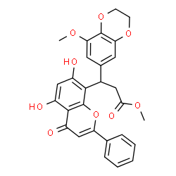 ChemSpider 2D Image | Methyl 3-(5,7-dihydroxy-4-oxo-2-phenyl-4H-chromen-8-yl)-3-(8-methoxy-2,3-dihydro-1,4-benzodioxin-6-yl)propanoate | C28H24O9
