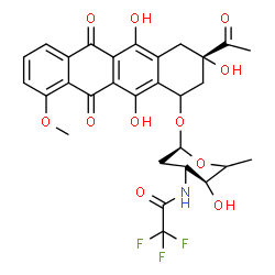 ChemSpider 2D Image | (3S)-3-Acetyl-3,5,12-trihydroxy-10-methoxy-6,11-dioxo-1,2,3,4,6,11-hexahydro-1-tetracenyl (5xi)-2,3,6-trideoxy-3-[(trifluoroacetyl)amino]-alpha-D-threo-hexopyranoside | C29H28F3NO11